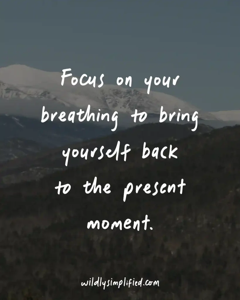 "Focus on your breathing to bring yourself back to the present moment." written over a dark mountain range