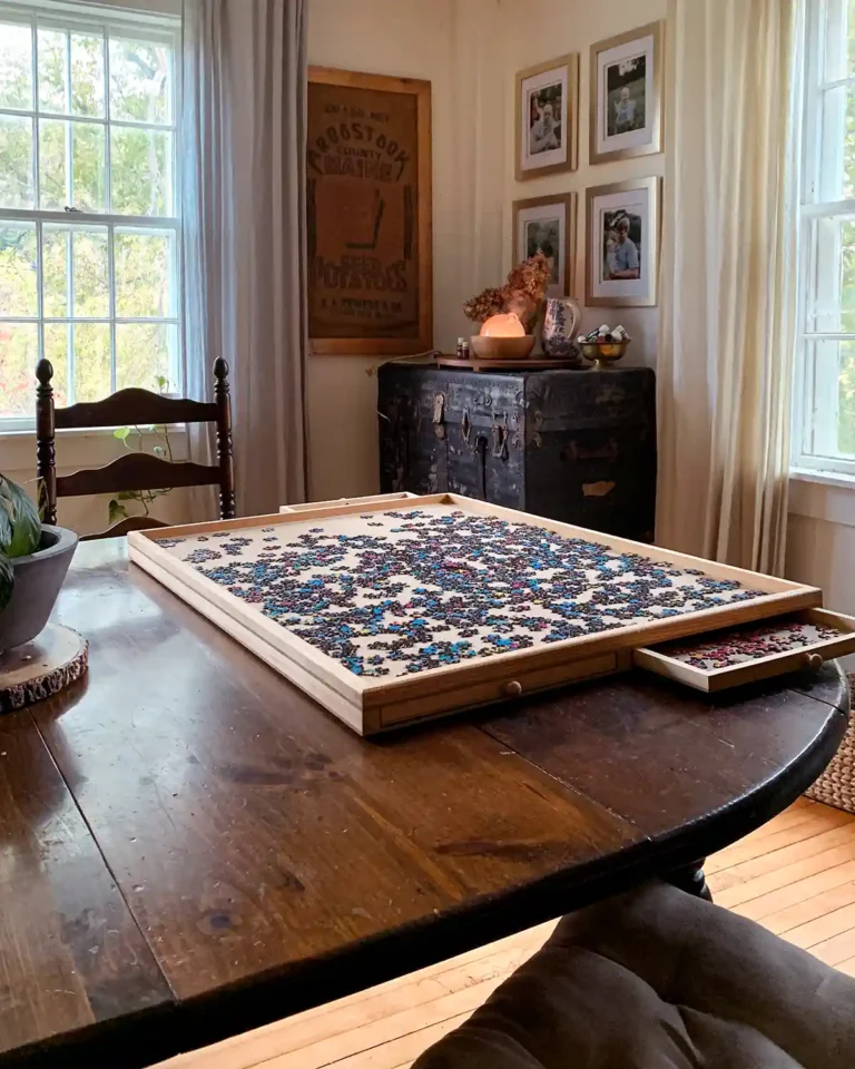 A dining room table with a puzzle board and puzzle set out on it and chairs pulled out to start working on the puzzle